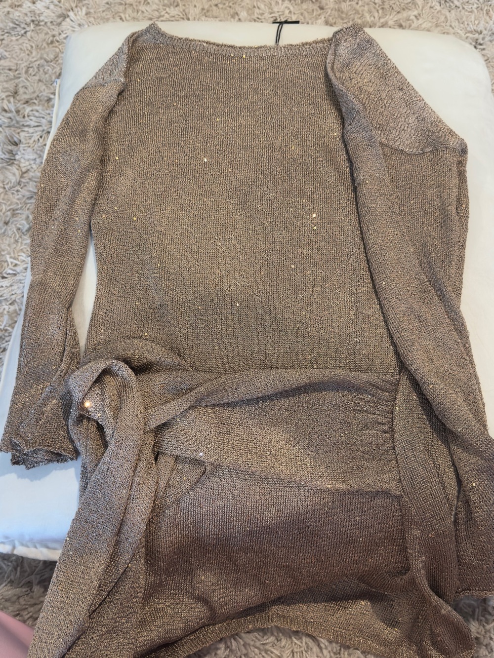 Dolls Kill Metallic Taupe Off-Shoulder Sweater